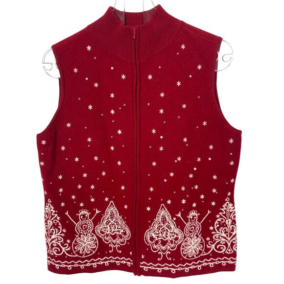 Talbots Jackets & Blazers - Talbots Red Wool Embroidered Holiday Vest Small Snowflake Snowman Full Zip XMas